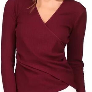 MICHAEL Michael Kors New With Tags Ribbed Faux-Wrap Burgandy Top Size P/S